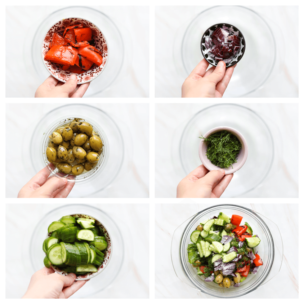 Snijd de gegrilde rode paprika en gegrilde groene paprika in stukken. Pel en snipper de rode ui. Hak de dille fijn. Snijd de komkommer in plakjes en halveer ze. Doe deze groenten samen met de groene olijven in een diepe kom en meng goed.