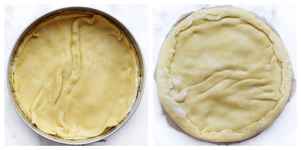 Til het deeg op met de deegroller en leg het over het roomkaasmengsel. Maak de springvorm open, haal de taart eruit en vouw de zijkanten naar binnen.