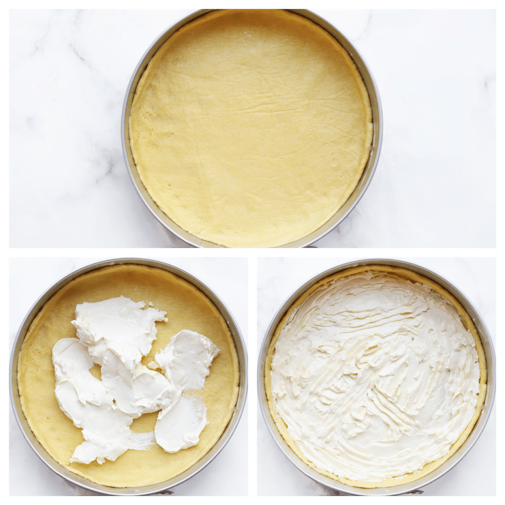 Verdeel het deeg over een springvorm en neem de zijkanten mee, met een hoogte van 3 cm. Vul deze gelijkmatig met het roomkaasvulling.