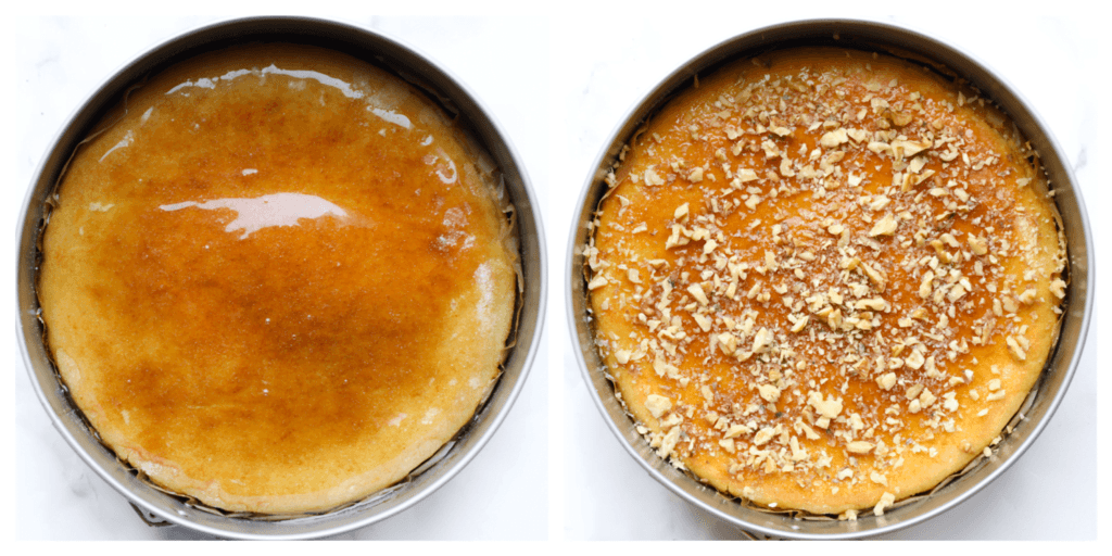 Verwarm de honing in een steelpan op laag vuur. Verdeel de honing over de harcha-taart en garneer met stukjes walnoten.