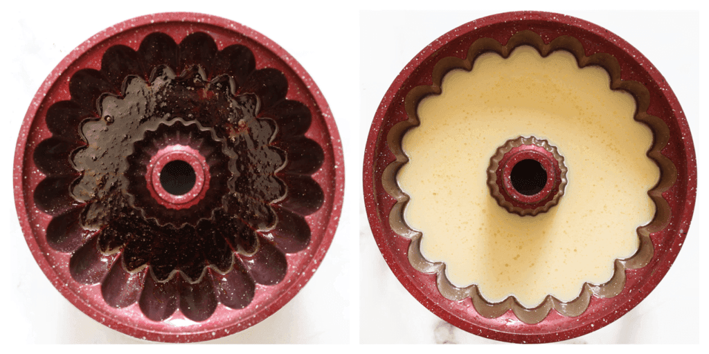 Giet de karamelsiroop in een bakvorm. Neem een zeef en haal het flan-beslag erdoorheen wanneer je dit toevoegt.