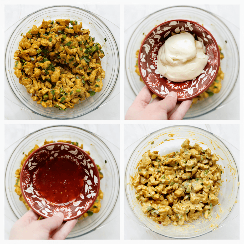 Voeg de ketjap manis en lente-ui toe. Meng goed samen. Voeg de mayonaise en chilisaus toe. Meng tot een geheel.