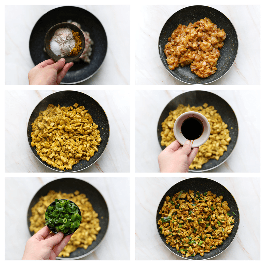 Snijd de kip in kleine blokjes. Verhit de olijfolie in een koekenpan op middelhoog vuur. Voeg de kip, het zout, kerriepoeder, komijnpoeder, de cayennepeper, uienpoeder en knoflookpoeder toe. Bak de kip in ca. 5-6 minuten gaar. Haal de pan van het vuur. Voeg de ketjap manis en lente-ui toe. Meng goed samen.