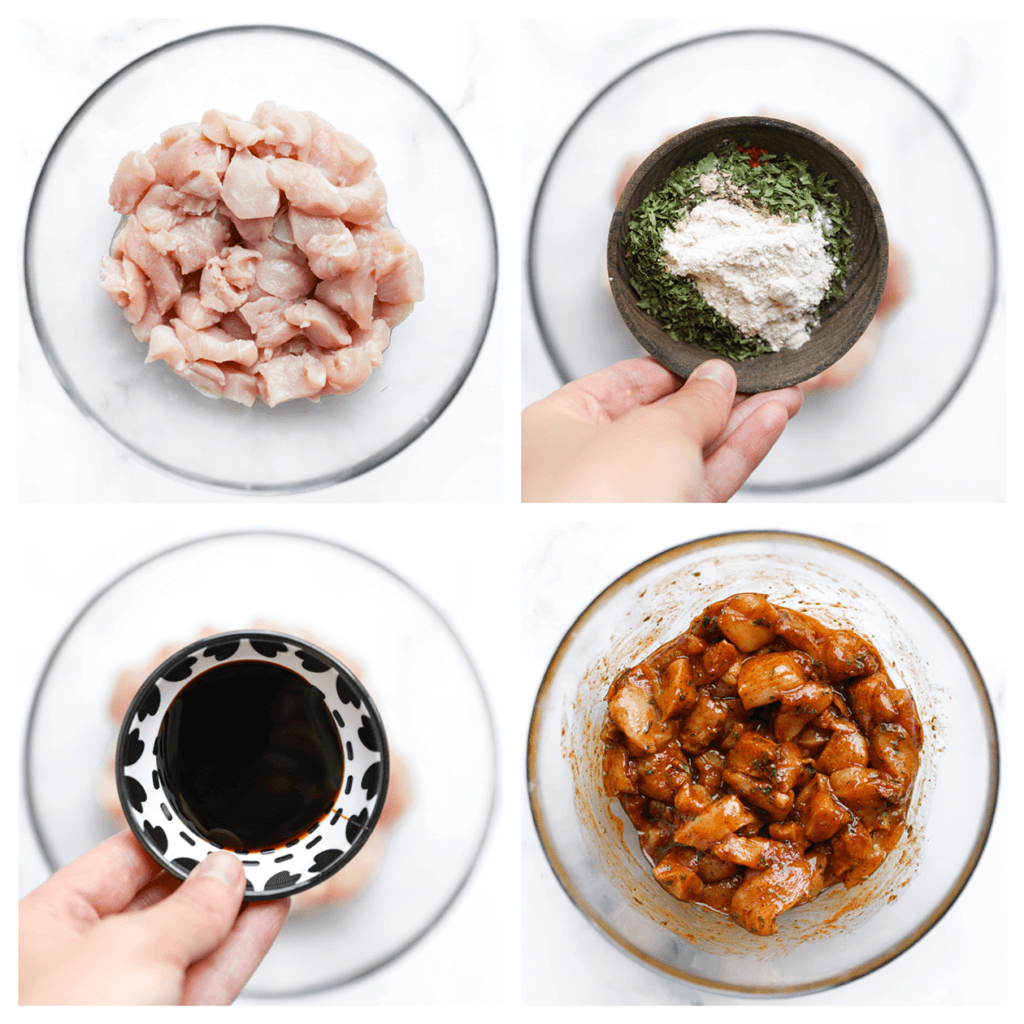 Was de kippendijen en snijd ze in stukken. Voeg zout, knoflookpoeder, uienpoeder, gedroogde peterselie, cayennepeper, korianderpoeder, ketjap manis en zonnebloemolie toe. Meng goed tot een geheel.