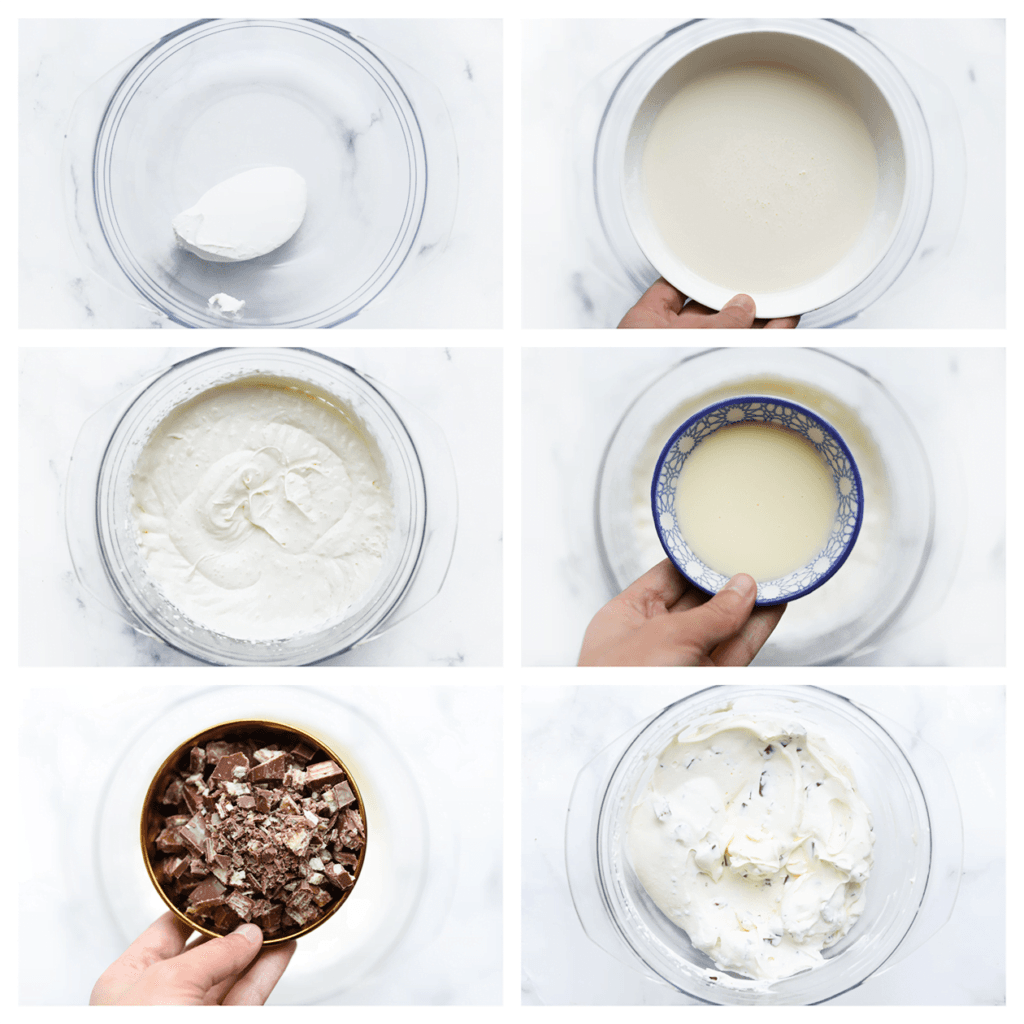 Doe de mascarpone samen met de suiker in een diepe kom. Mix gedurende 30 seconden. Voeg de ongeklopte slagroom (250 ml) beetje bij beetje toe en mix tot stijve pieken ontstaan. Voeg de gecondenseerde melk toe en mix tot alles goed gemengd is. Voeg de stukjes KitKat toe en spatel ze voorzichtig door het mengsel.