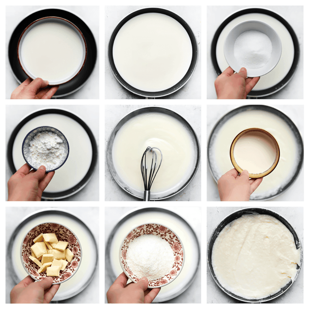 Verhit de melk in een koekenpan samen met de suiker, vanillesuiker en maïzena op een niet te hoog vuur. Blijf al roerend mengen. Wanneer het mengsel dikker begint te worden, voeg je de ongeklopte slagroom toe. Meng goed. Haal de pan van het vuur. Voeg de stukgemaakte witte chocolade toe en laat 1 minuut staan. Roer tot het geheel is opgelost. Voeg de geraspte kokos toe en meng goed. Verdeel het kokosmengsel in tweeën en laat het afkoelen.