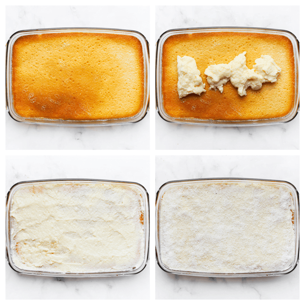 Verdeel de rest van het kokosmengsel (250 gr) gelijkmatig over de kokoscake en strooi er wat geraspte kokos over.