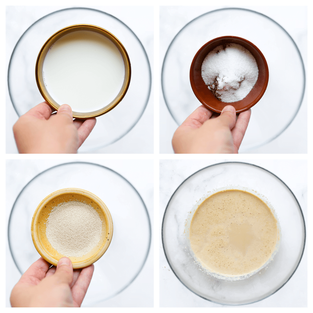 Doe de lauwwarme melk samen met de donkerbruine basterdsuiker, vanillesuiker en gist in een diepe kom. Meng goed en laat het 5 minuten staan.