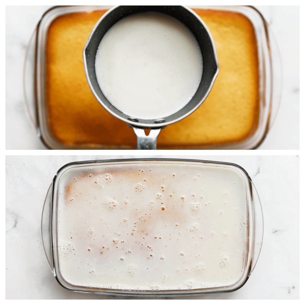 Giet het melkmengsel over de cake. Laat afkoelen.