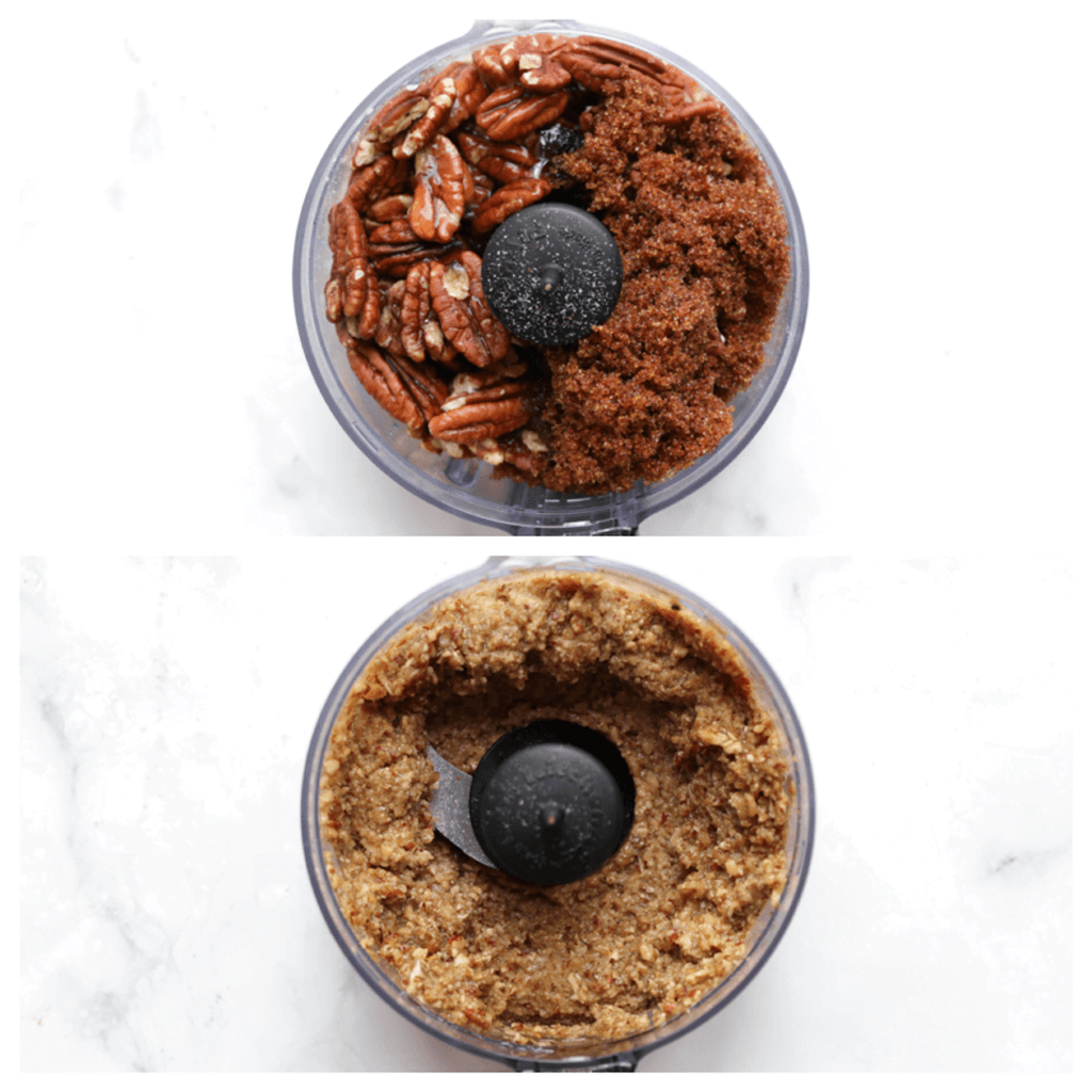 Doe de pecannoten samen met de honing, donkerbruine basterdsuiker, vanillesuiker, het water en eiwit in een hakmolen. Maal fijn.