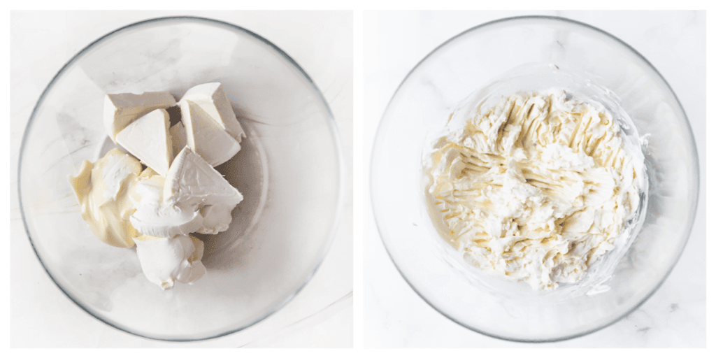 Doe de roomkaas samen met la vache qui rit in een diepe kom. Stamp/prak het fijn en zet apart.
