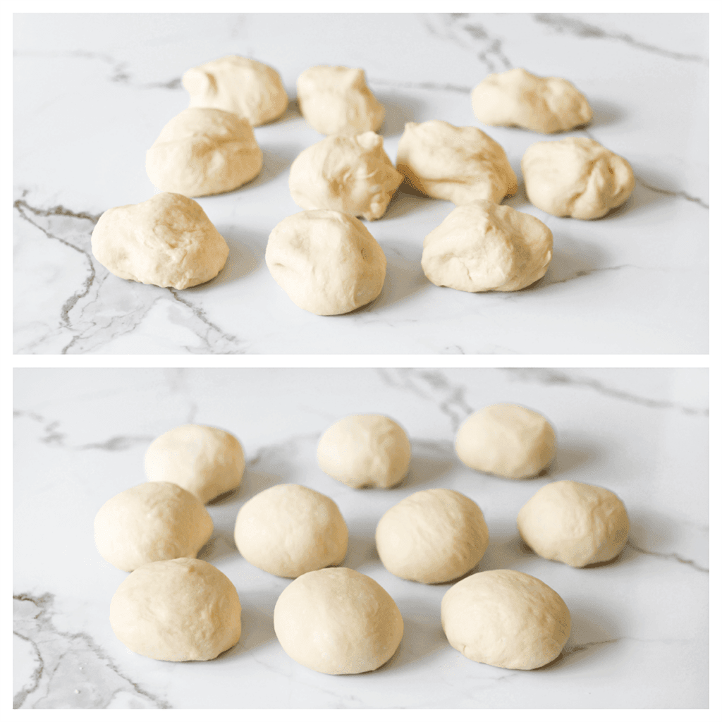 Verdeel het deeg in 10 stukken (83 gr per stuk) en vorm ze mooi rond.
