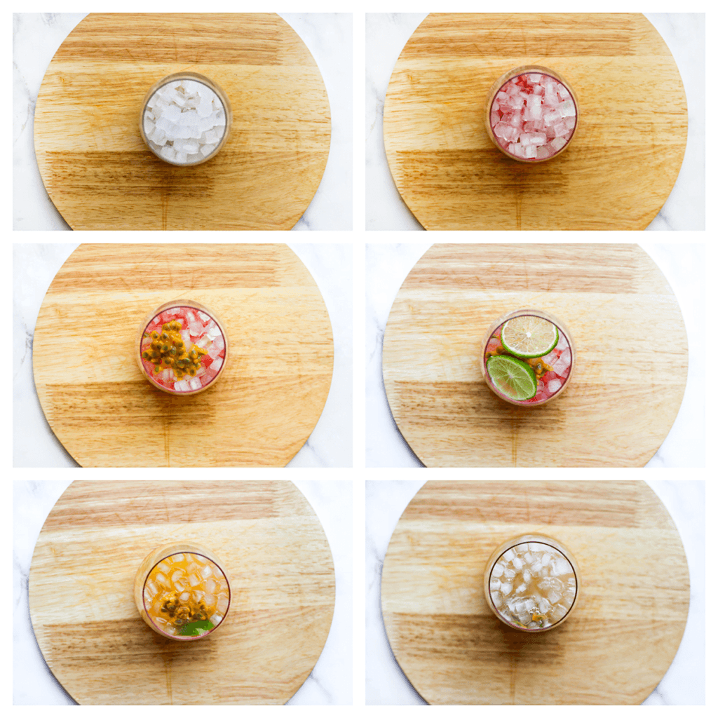 Neem een glas en doe er ijsblokjes in. Vul het glas met een laagje vruchtensiroop frambozen. Schep met een lepel het vruchtvlees uit een passievrucht en voeg dit toe. Voeg de schijfjes limoen, Taksi en als laatste de 7-Up toe. Serveer het drankje op tafel en roer het geheel goed door. Geniet ervan!