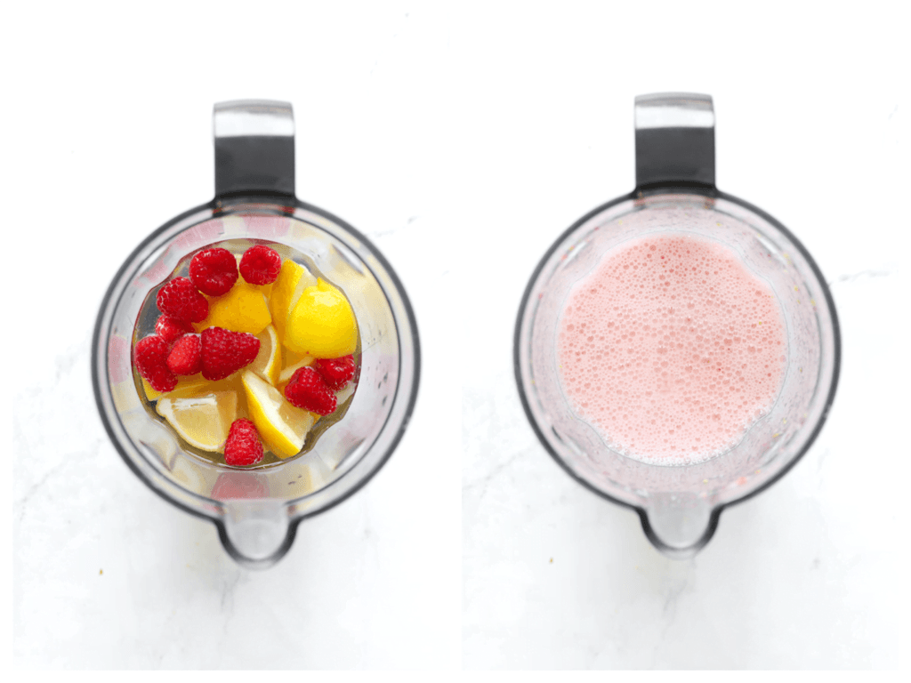 Was de citroen en de frambozen. Snijd de citroen in stukken en doe deze in een blender. Voeg de frambozen en het water toe. Mix gedurende 2 minuten.
