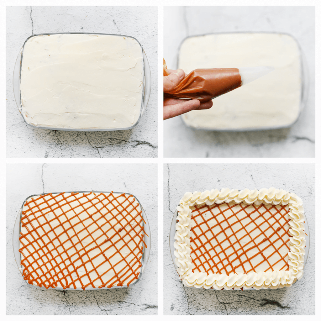 Voor de finishing touch garneer je het appel dessert met streepjes karamel en spuit je er een toefje room bovenop.