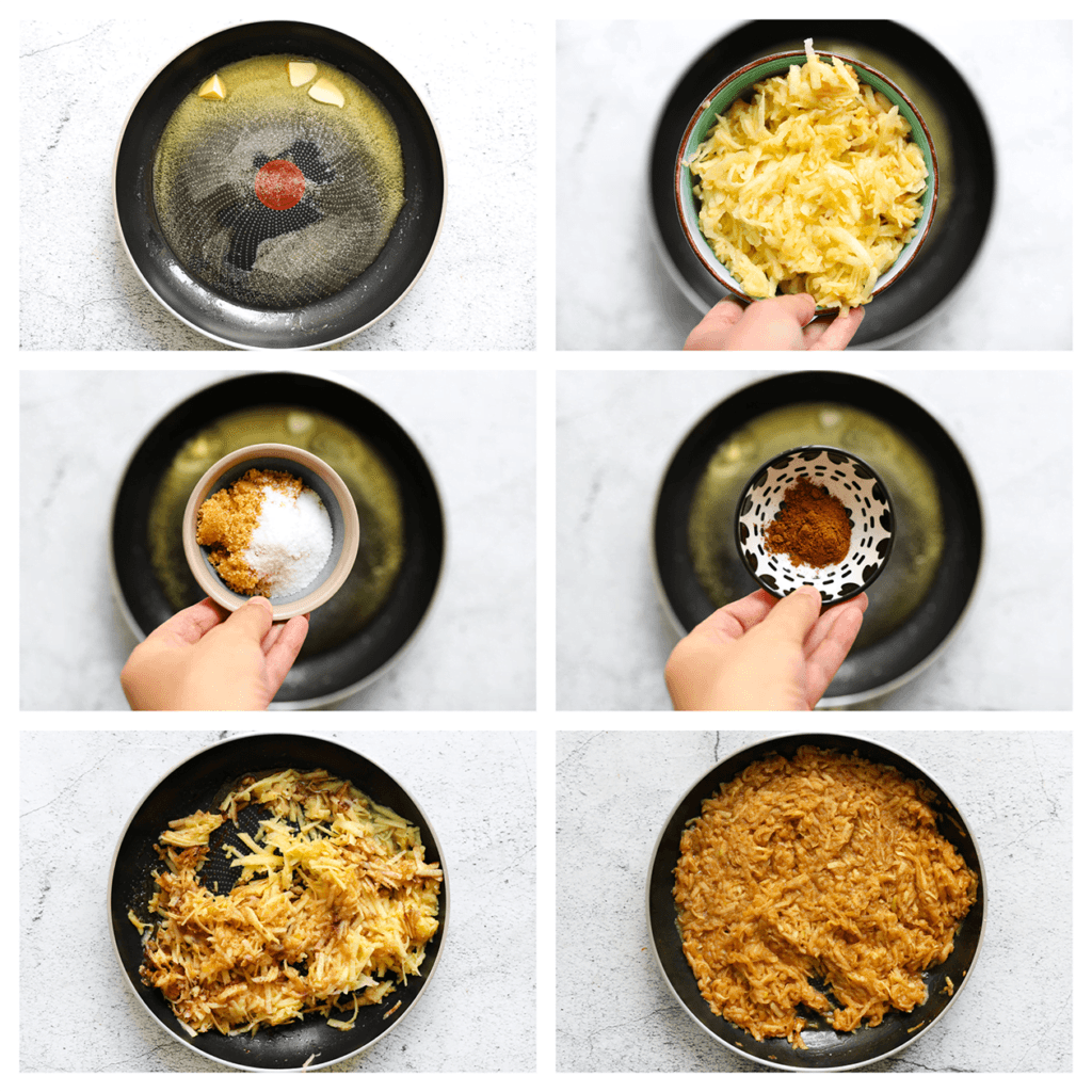 Begin met het schillen en raspen van de appels. Verhit vervolgens de roomboter in een koekenpan op middelhoog vuur. Voeg de geraspte appel, bruine basterdsuiker, vanillesuiker en kaneelpoeder toe. Bak dit mengsel 5-7 minuten, totdat de appels goed zacht zijn geworden. Haal de koekenpan van het vuur en voeg de karamel toe. Meng alles goed door elkaar en laat het geheel afkoelen.