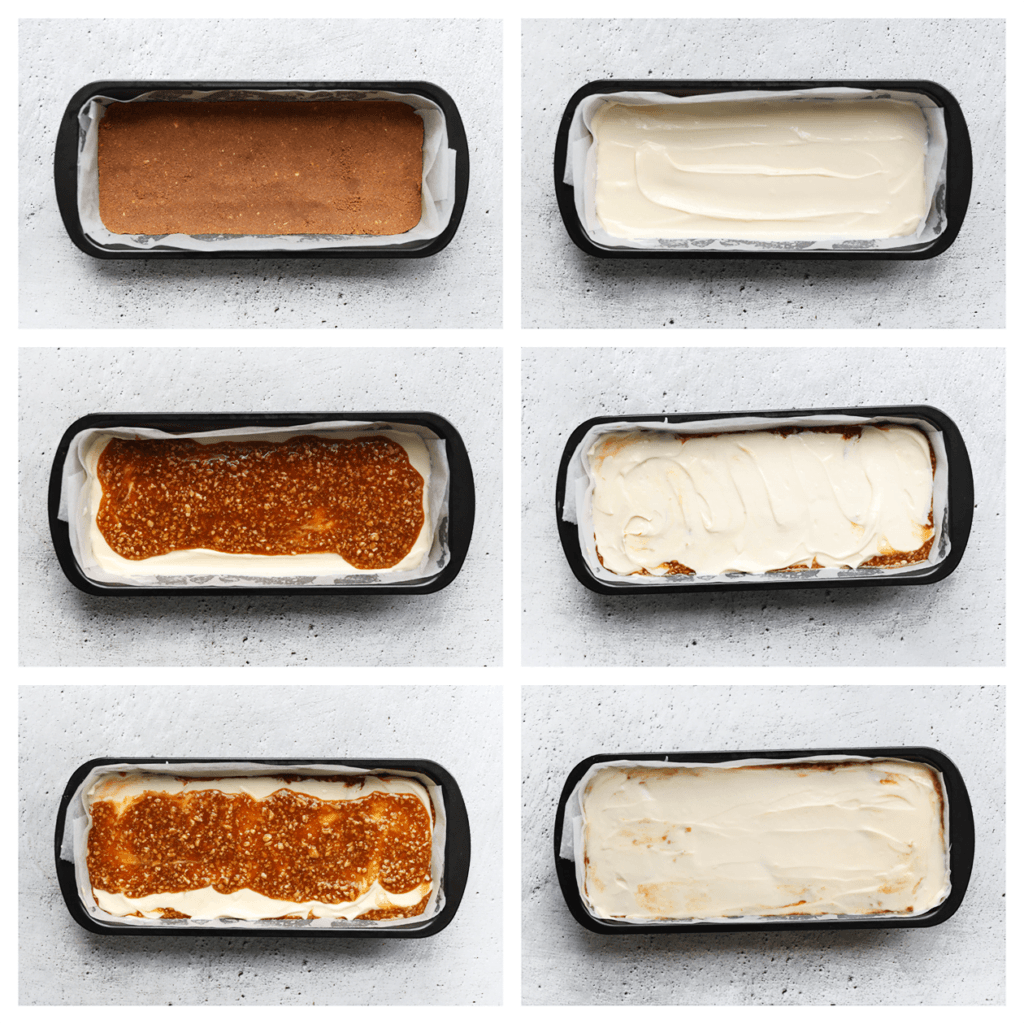 Verdeel een laagje van het cheesecakebeslag gelijkmatig over het koekjesdeeg, gevolgd door een laagje karamelmengsel. Schep er weer een laagje van het cheesecakebeslag op en smeer dit goed uit. Verdeel nog een laagje van het karamelmengsel erover en maak het af met het resterende cheesecakebeslag. Smeer het gelijkmatig uit.