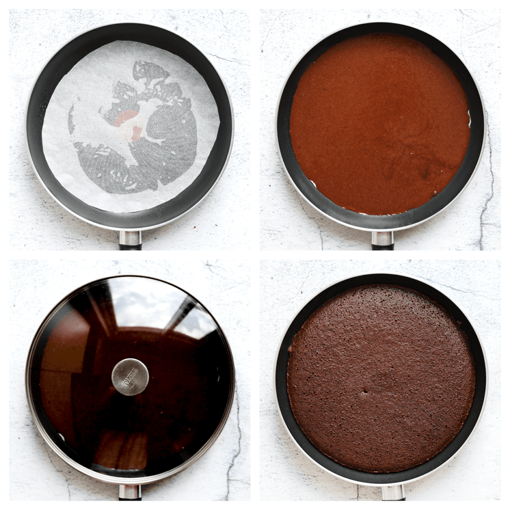 Verhit een koekenpan op middelhoog vuur. Vet deze goed in en leg er een vel bakpapier op. Voeg het chocoladebeslag toe en verdeel dit gelijkmatig. Bak, afgedekt, 7-10 minuten. Herhaal deze werkwijze met het overige beslag.