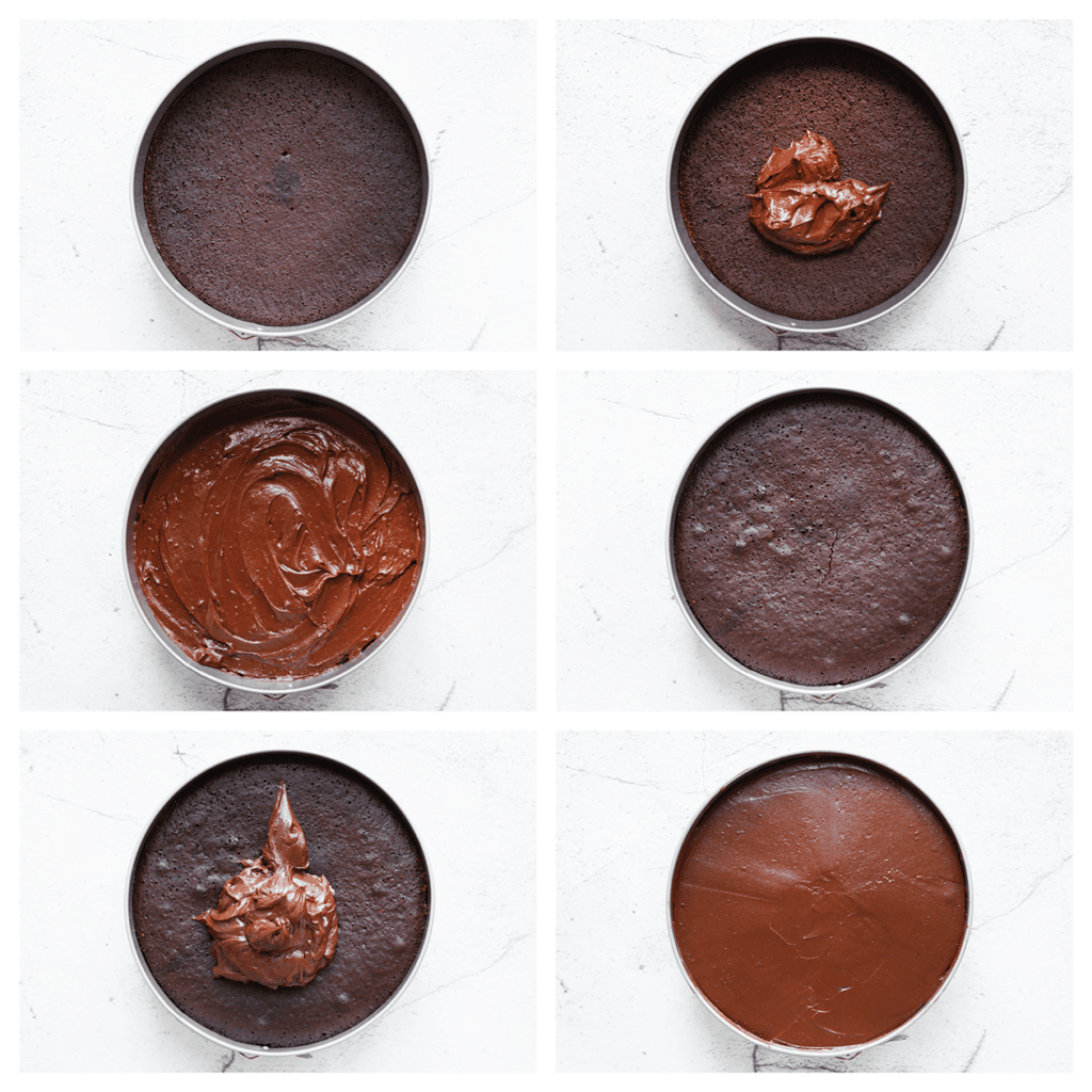 Neem een laagje cake en leg deze op een taartonderlegger. Schep een laagje chocoladeroom op de cake en smeer dit gelijkmatig uit over de cake. Leg er weer een laagje cake op. Schep de chocoladeroom op de cake en smeer dit goed uit, inclusief de zijkanten.