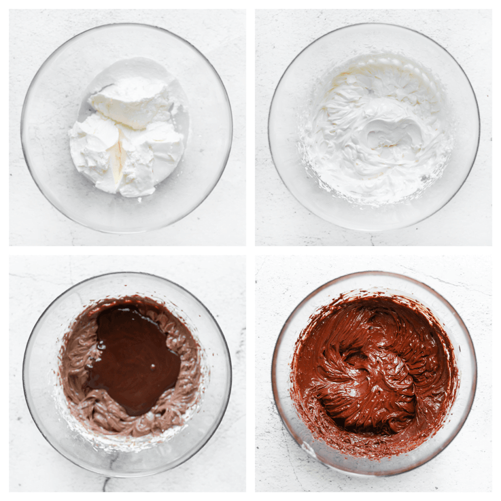 Doe de mascarpone samen met de gesmolten pure chocolade in een diepe kom. Meng goed.