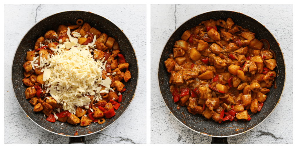 Haal de pan van het vuur en voeg de geraspte kaas toe. Meng alles goed door elkaar, zodat de kaas smelt en zich verspreidt over de koekenpan.