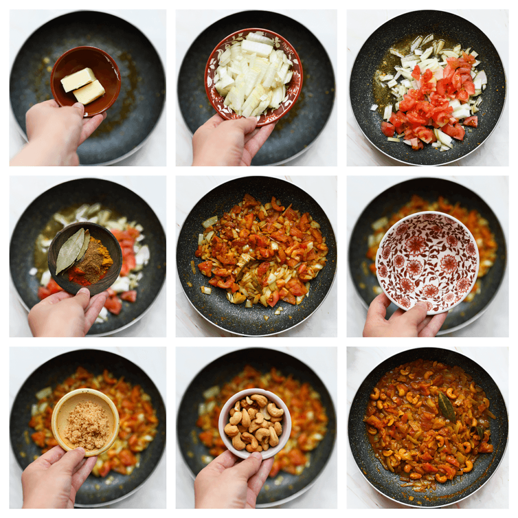 Ga verder in dezelfde koekenpan. Verhit de roomboter in dezelfde koekenpan op middelhoog vuur. Voeg de gele ui, tomaat, laurierblaadjes, kaneelpoeder, currypoeder, knoflookpoeder, komijnpoeder, korianderpoeder en cayennepeper toe. Bak 4-5 minuten. Voeg het water, de lichtbruine basterdsuiker en cashewnoten toe. Kook tot een geheel.