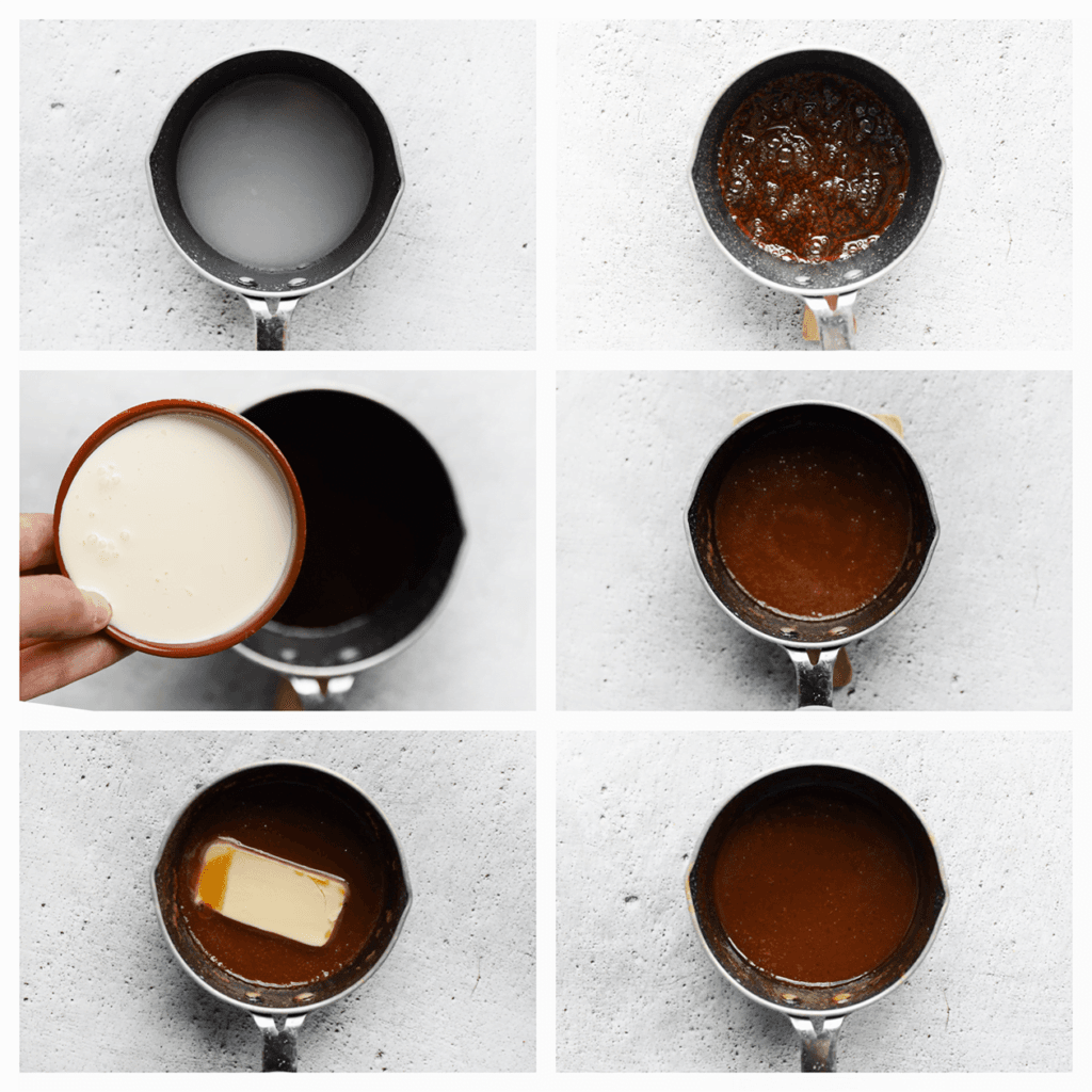 Breng het water samen met de suiker in een steelpan aan de kook op middelhoog vuur. Kook tot het suikermengsel goudbruin begint te kleuren. Voeg de ongeklopte slagroom toe en meng met een garde tot een geheel. Wanneer de karamelsaus begint te verkleuren, voeg je de roomboter toe. Meng goed. Haal de pan van het vuur en roer tot een gladde saus.