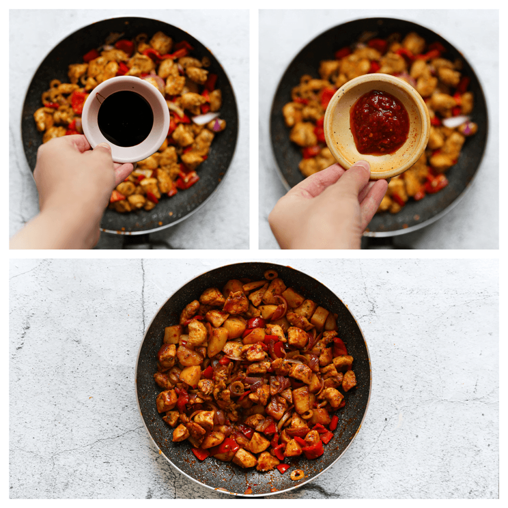 Roer de ketjap manis en sambal door het geheel, zodat alles goed gemengd is.