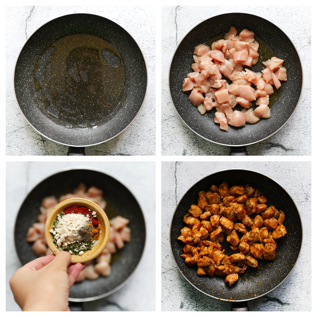 Was de kip en snijd deze in blokjes. Verhit olijfolie in een koekenpan op middelhoog vuur. Voeg de stukjes kip toe, samen met een snufje zout, knoflookpoeder, uienpoeder, paprikapoeder, ras el hanout en gedroogde peterselie. Meng alles goed en bak het 2-3 minuten.