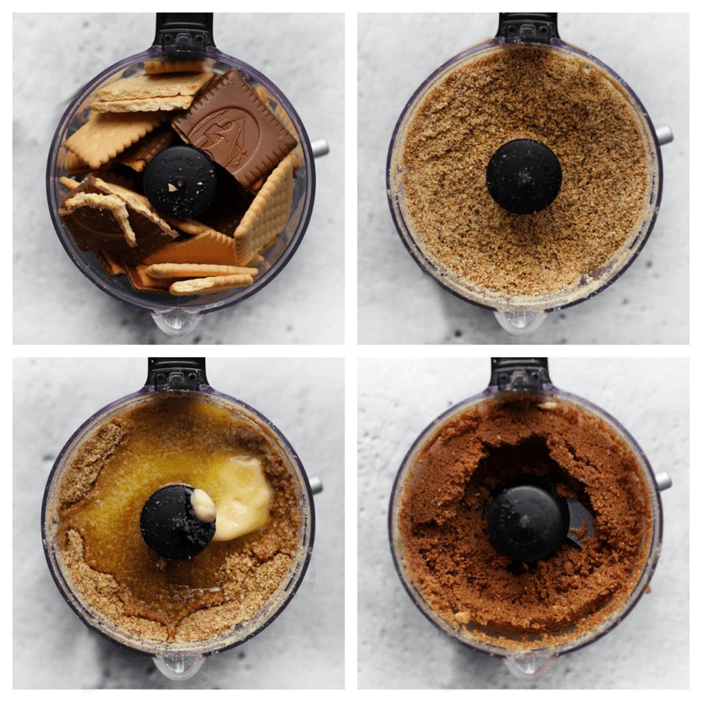 Doe de chocoladekoekjes samen met het theebiscuit in een hakmolen en maal ze fijn. Voeg de gesmolten roomboter toe en maal tot een geheel.