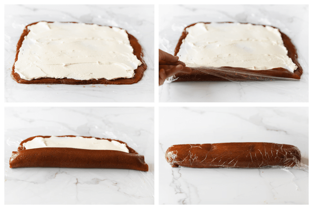 Rol het koekjesdeeg goed op, gebruik het vel huishoudfolie als hulpmiddel en pak het goed in wanneer je het eenmaal hebt opgerold. Zet de no-bake speculoos rolcake in de koelkast om op te stijven.