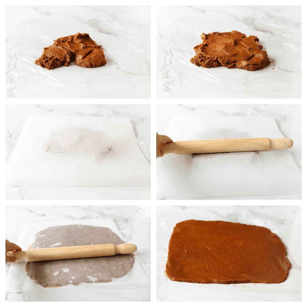 Neem een vel huishoudfolie en leg dit op je werkplek. Schep het speculoosmengsel erop en bedek het met een vel bakpapier. Rol het koekjesdeeg plat met een deegroller tot het 35x35 cm groot is.