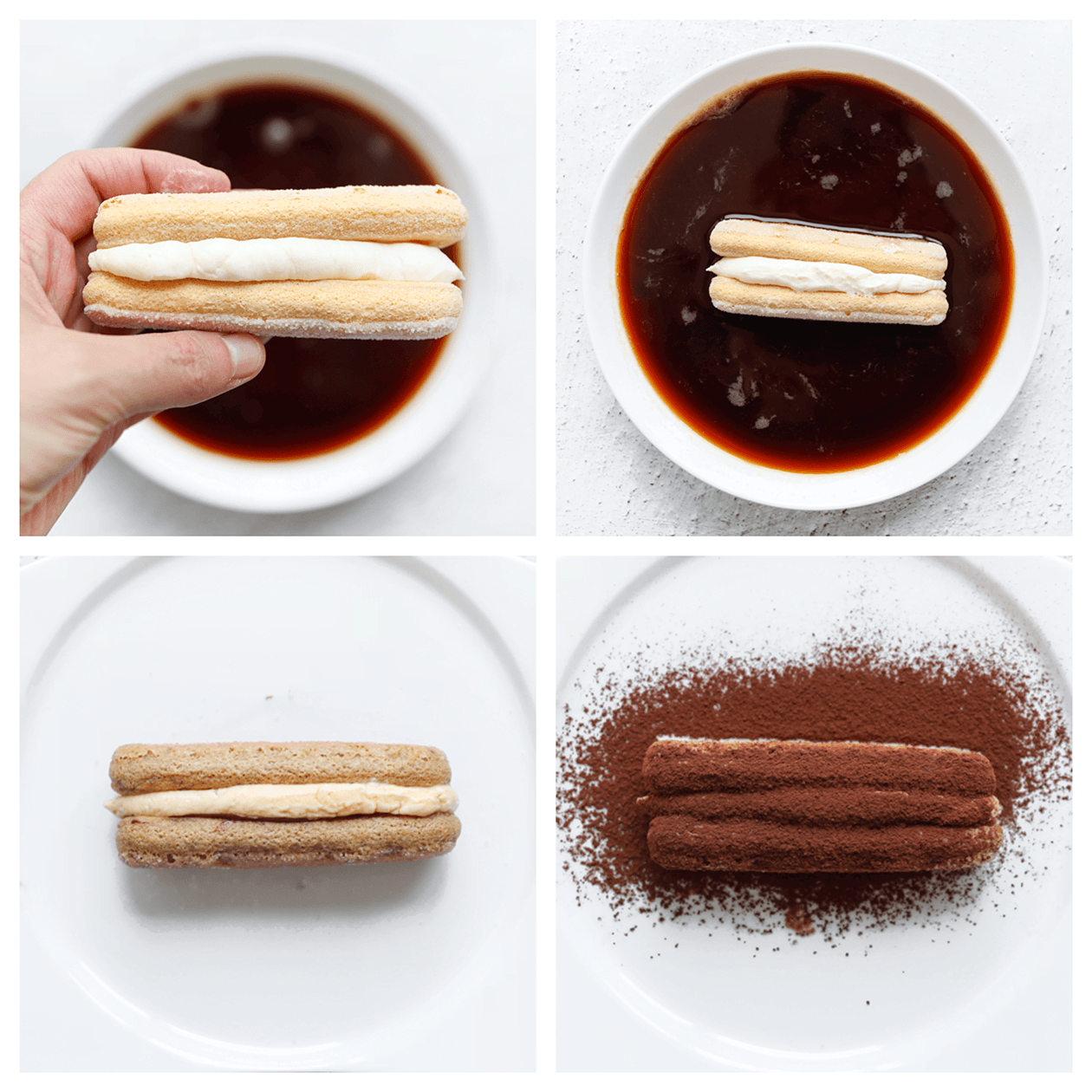 Lange vingers door de espresso halen en garneren met cacaopoeder