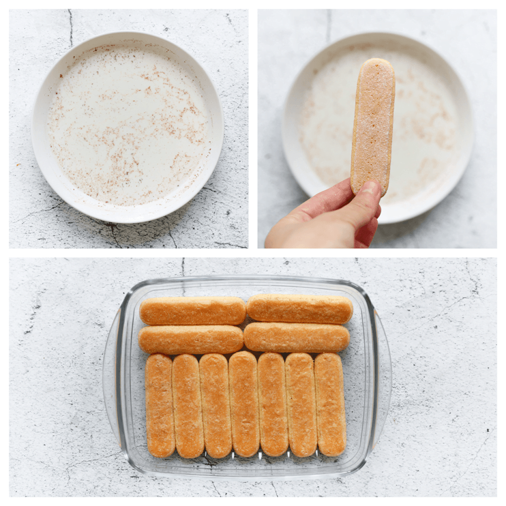 Neem een andere kom en meng daarin de melk met het kaneelpoeder. Doop de lange vingers één voor één in de kokosmelk en leg ze vervolgens op de bodem van een ovenschaal of bakvorm.