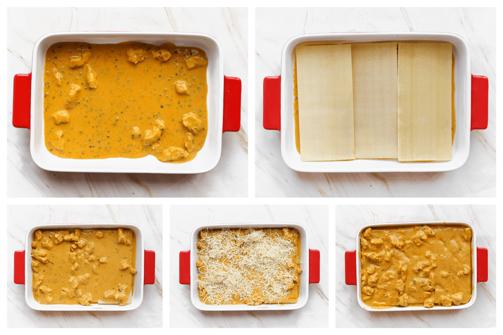 Verdeel het kipmengsel over een ovenschaal met daarover de lasagnebladen. Verdeel weer een laagje kipmengsel en strooi er wat geraspte kaas over. Herhaal met nog een laag lasagnebladen en kipmengsel.