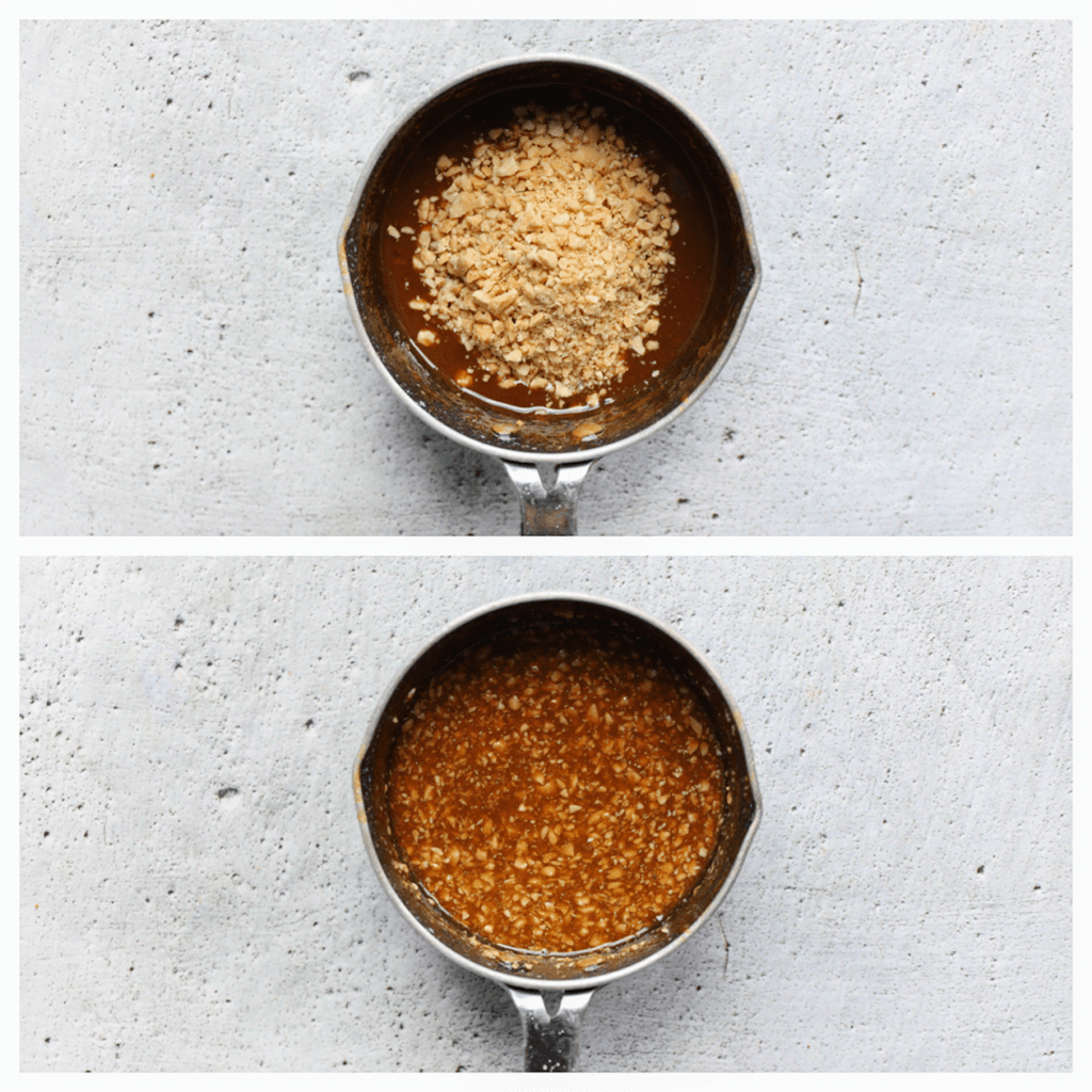 Voeg de gehakte pinda's toe aan het karamelmengsel en meng goed.