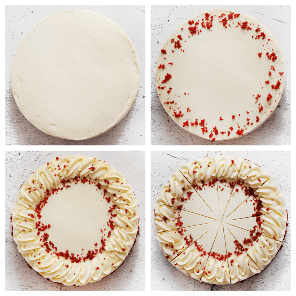 Decoreer de red velvet cake naar wens. Spuit er een toefje room op en maak het af met red velvet kruimels. Snijd de red velvet cake in mooie puntjes.