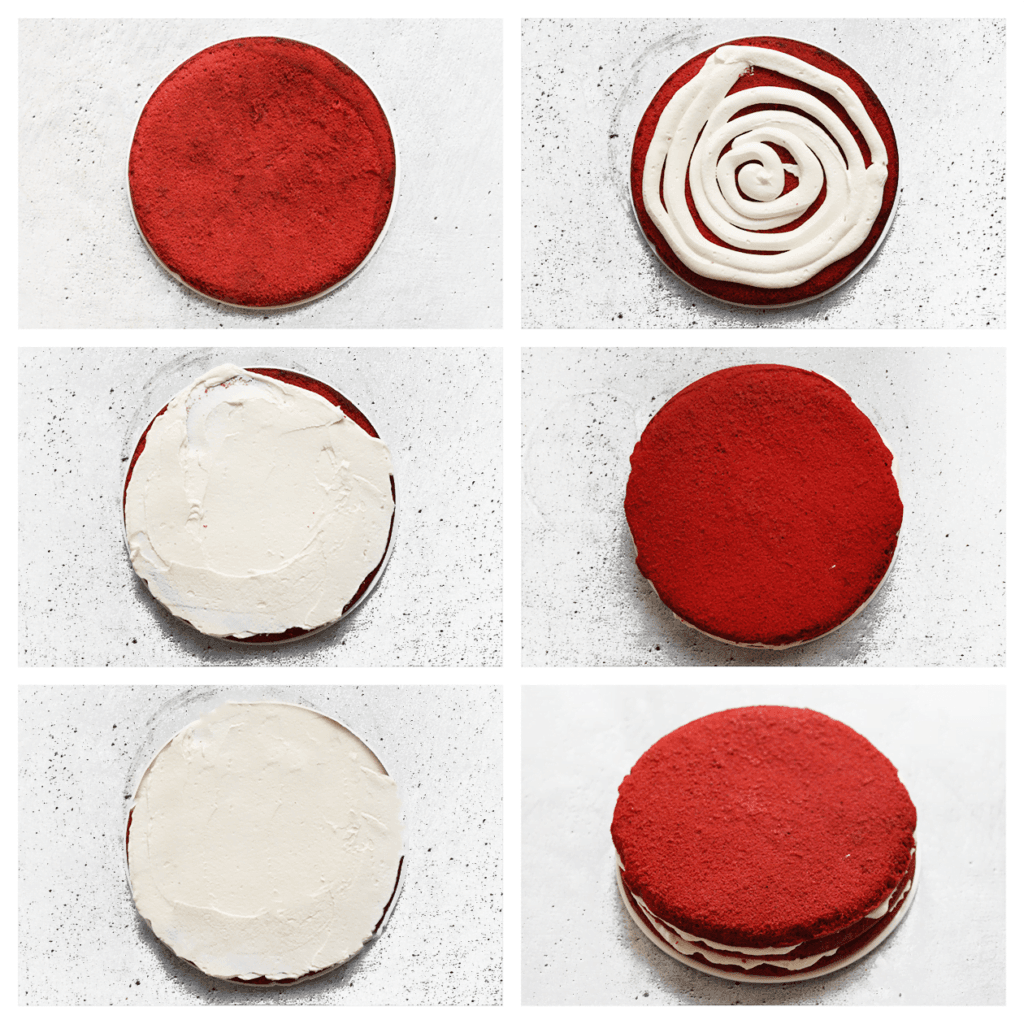Neem een laagje cake en leg deze op een taartonderlegger. Spuit een laagje room op de cake en smeer dit gelijkmatig uit over de cake. Leg er weer een laagje cake op. Spuit er een laagje room op en smeer dit goed uit. Plaats de laatste cake erbovenop. Spuit er room op en verdeel dit goed over de red velvet cake, inclusief de zijkanten.