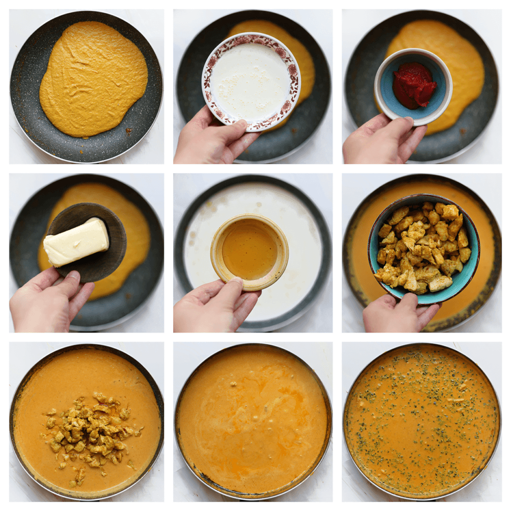 Doe het groente-notenmengsel in dezelfde koekenpan op middelhoog vuur. Voeg de ongeklopte slagroom, melk, het water, de tomatenpuree en  roomboter toe. Meng tot een geheel. Voeg de honing en meng goed. Voeg de kip toe en kook 1-2 minuten. Voeg als laatste de gedroogde peterselie toe. Meng goed.