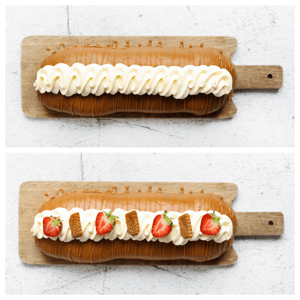 Wanneer de speculoostopping stevig is geworden, garneer je de no-bake speculoos rolcake met lijntjes van speculoos (gebruik een spuitzak of boterhamzakje). Spuit er een toefje room op en garneer deze met speculooskoekjes en aardbeien.