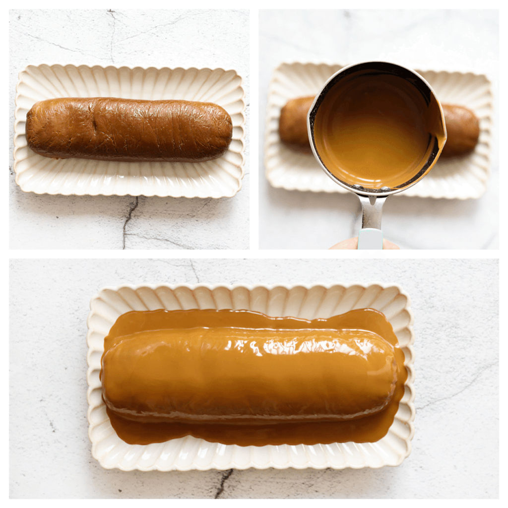 Leg de no-bake speculoos rolcake op een bord. Verdeel de speculoospasta erover.