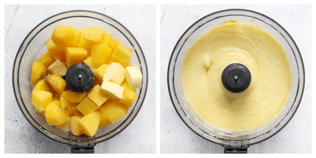 Doe de aardappels in een hakmolen. Voeg het zout, de zwarte peper, melk en roomboter toe. Maal alles fijn.