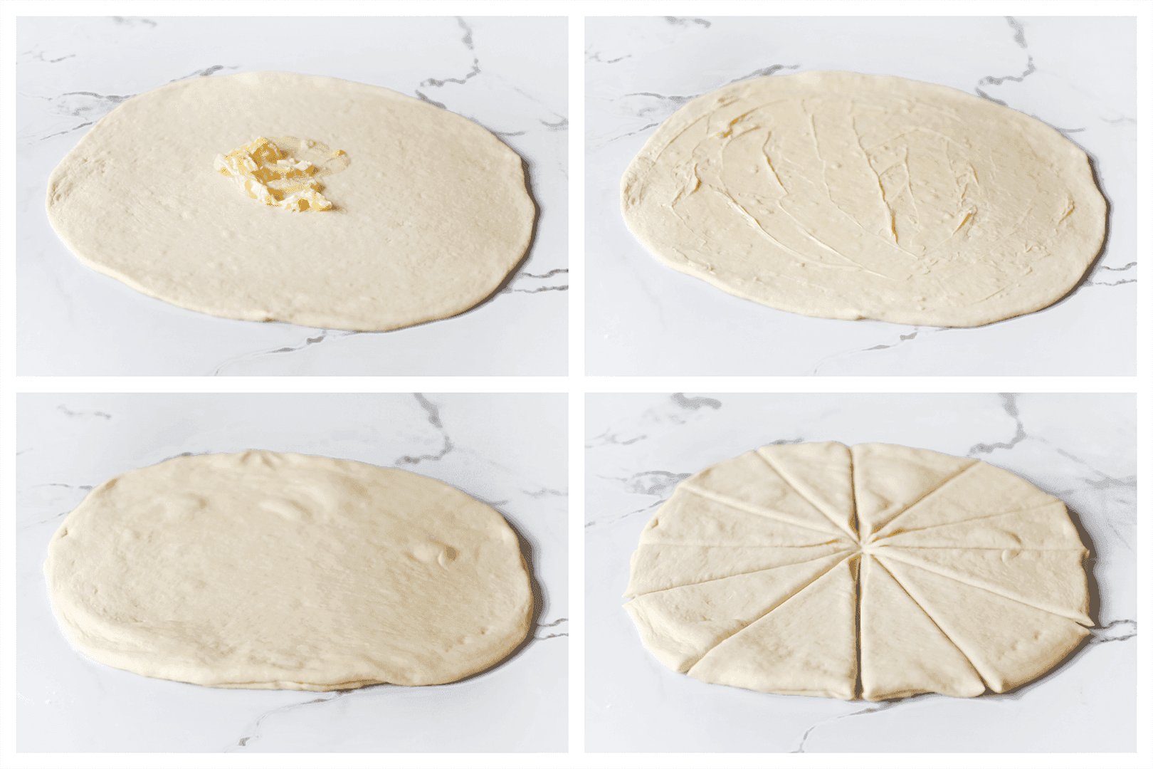 Boter uitsmeren over het deeg en snijden in puntjes