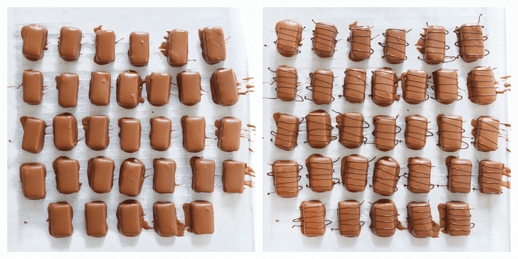 Buenokoekjes garneren met lijntjes van chocolade