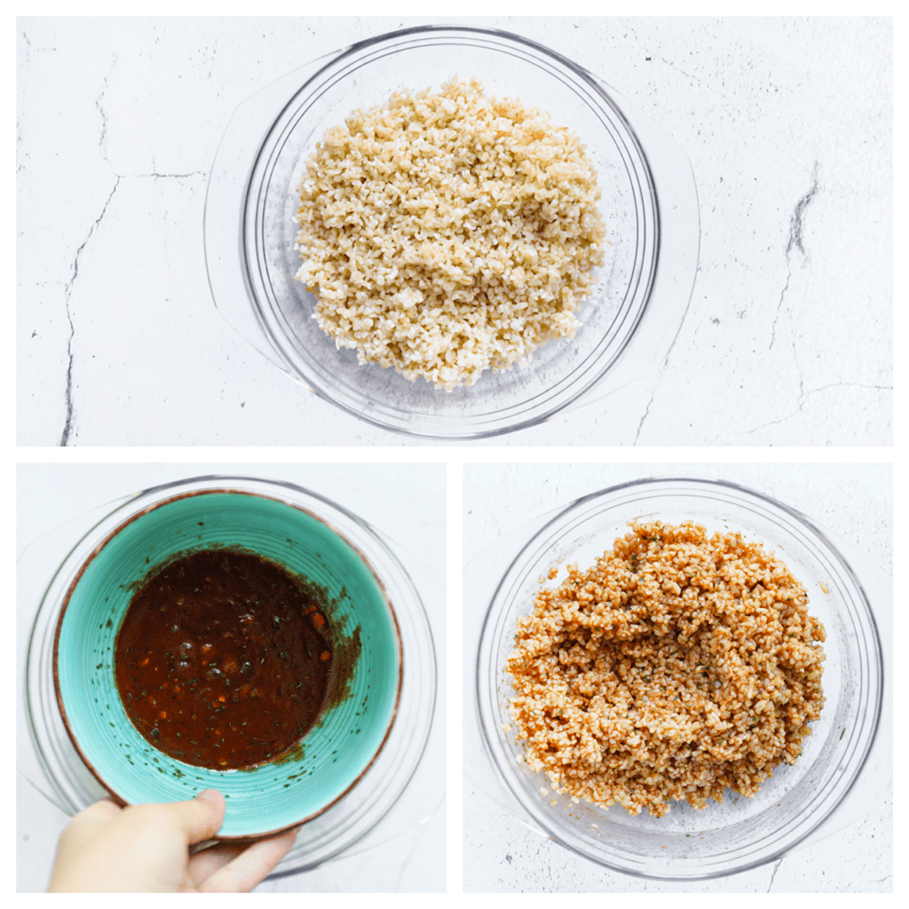 Voeg de bereide bulgur toe aan een diepe kom en voeg de saus toe. Meng tot alles goed is vermengd.