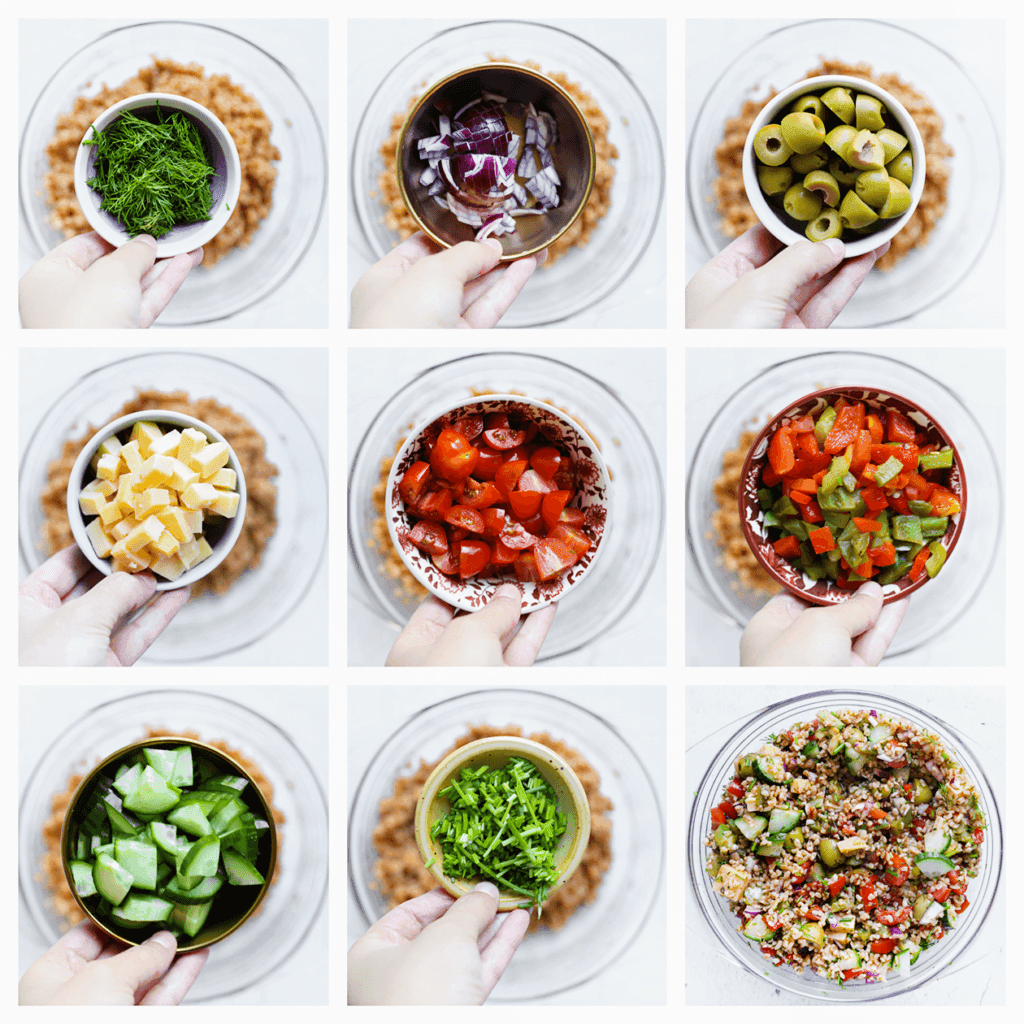 Voeg de dille, rode ui, groene olijven, blokjes kaas, snoeptomaatjes, gegrilde paprika, komkommer en bieslook toe aan de bulgur. Meng alles tot een geheel.