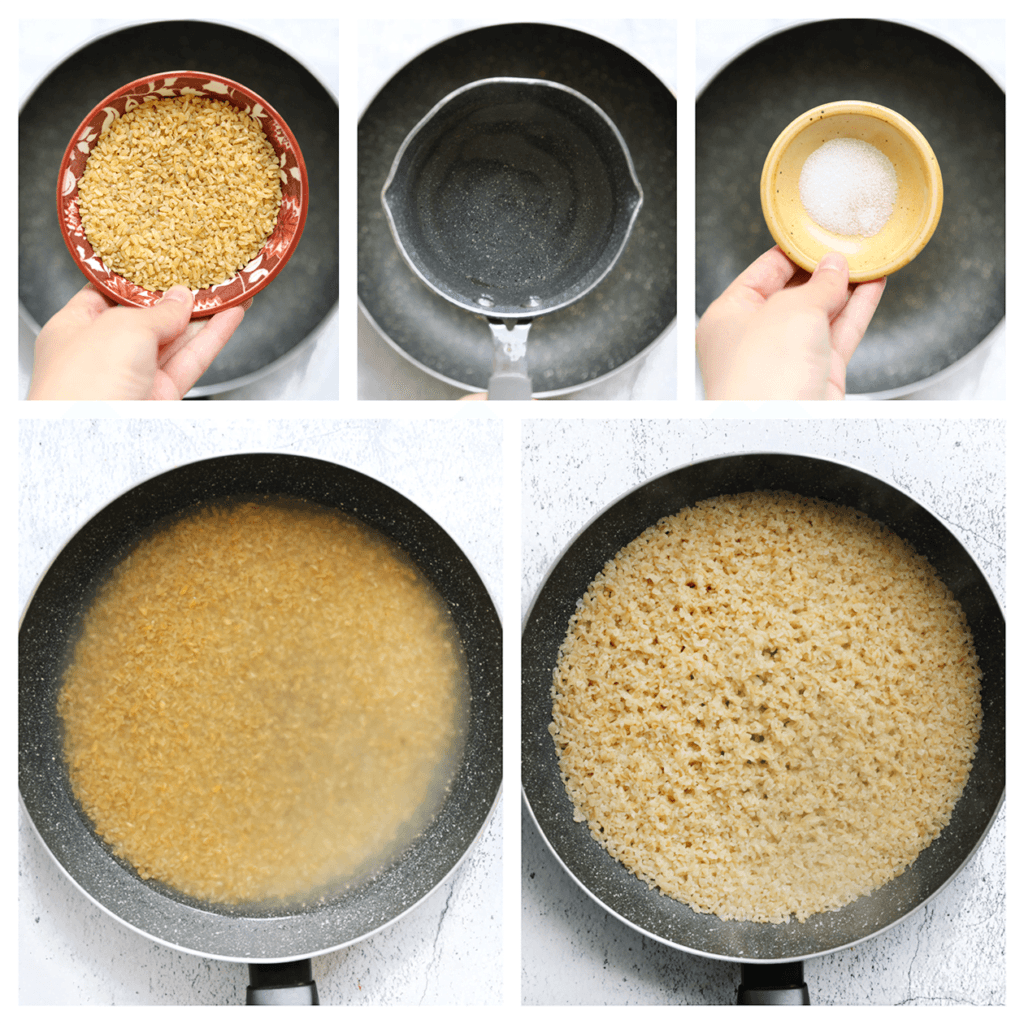 Verwarm een koekenpan op middelhoog vuur. Voeg de bulgur toe aan de verhitte koekenpan. Giet het water erbij en breng het aan de kook. Voeg zout toe naar eigen smaak. Wanneer het water kookt, verlaag dan het vuur en dek de pan af met een deksel. Laat de bulgur sudderen en het vocht absorberen gedurende 10-15 minuten. Roer af en toe om te voorkomen dat de bulgur aan de bodem van de pan blijft plakken. Verwijder de pan van het vuur en laat de bulgur nog enkele minuten rusten met het deksel erop.

