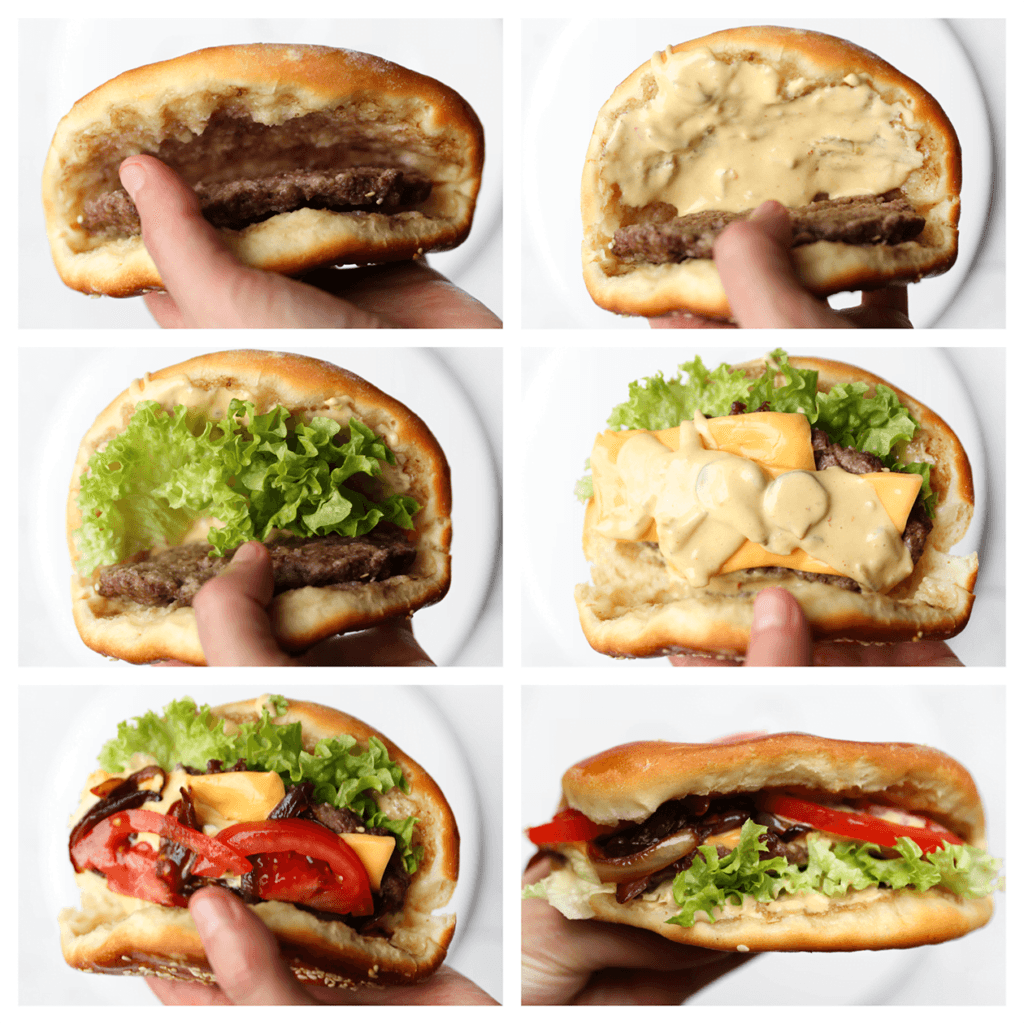 Maak de ovenburger met gehakt open en vul deze met de saus, kaas, gewenste groenten, gekarameliseerde ui en geniet van je maaltijd!