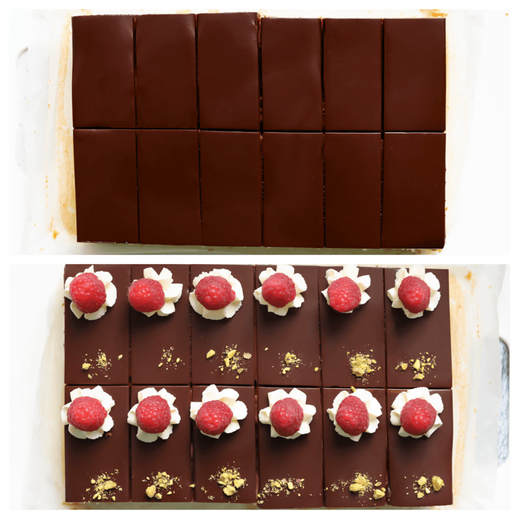 Snijd de chocolade-vanillecake in stukken. Garneer met slagroom, frambozen en gehakte pistachenoten.