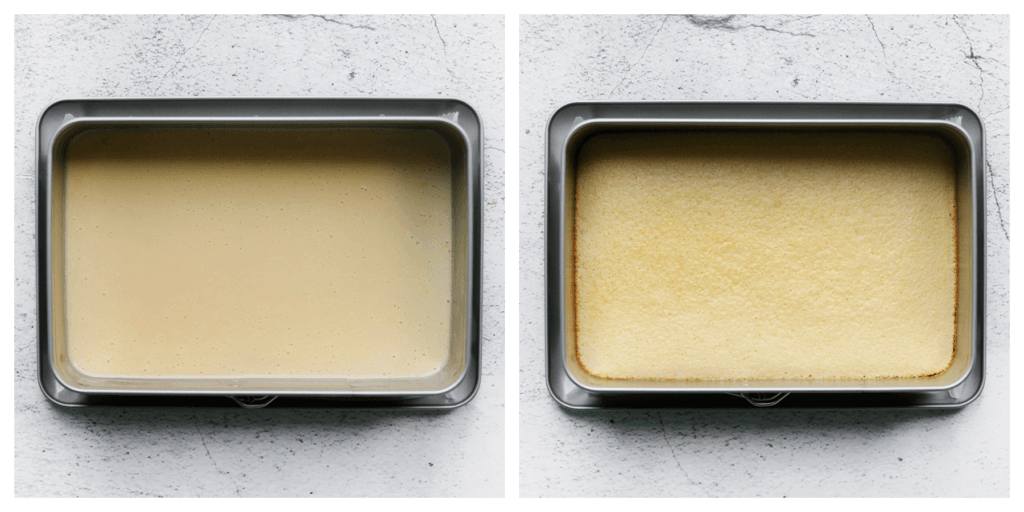 Neem een bakvorm en leg er een vel bakpapier op de bodem. Voeg 250 gram van het cakebeslag toe (dus niet alles). Plaats de cake in een voorverwarmde oven op 175 ℃ en bak gedurende 8-12 minuten. Haal de cake voorzichtig uit de oven.